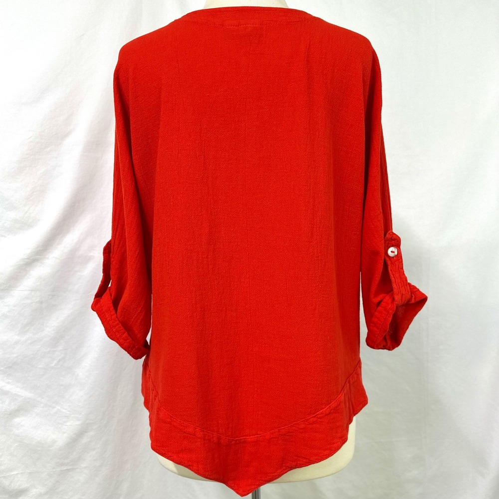 COTTONWAYS Red 100% Cotton Gauze V Neck Tunic Womens 2 L/XL Lagenlook Boxy Beach - Picture 5 of 7